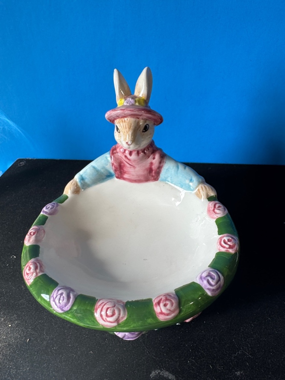 Rare Vintage Charming Rabbit Decorative Bowl - Green, Pink, White